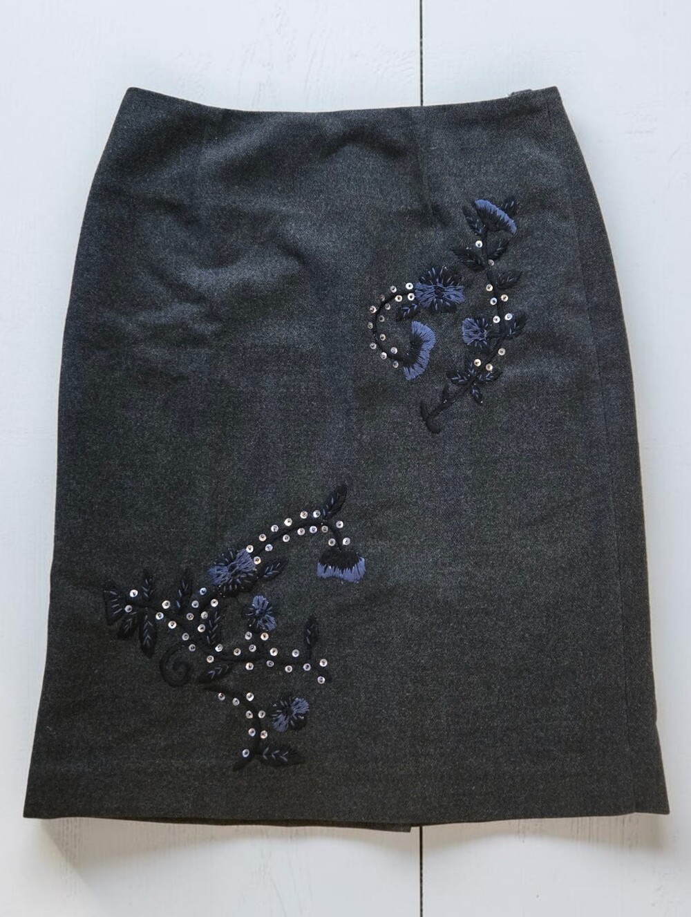 Anna Sui Wool Blend Pencil Mini Skirt Sz Med Embroidered Floral Vintage Office